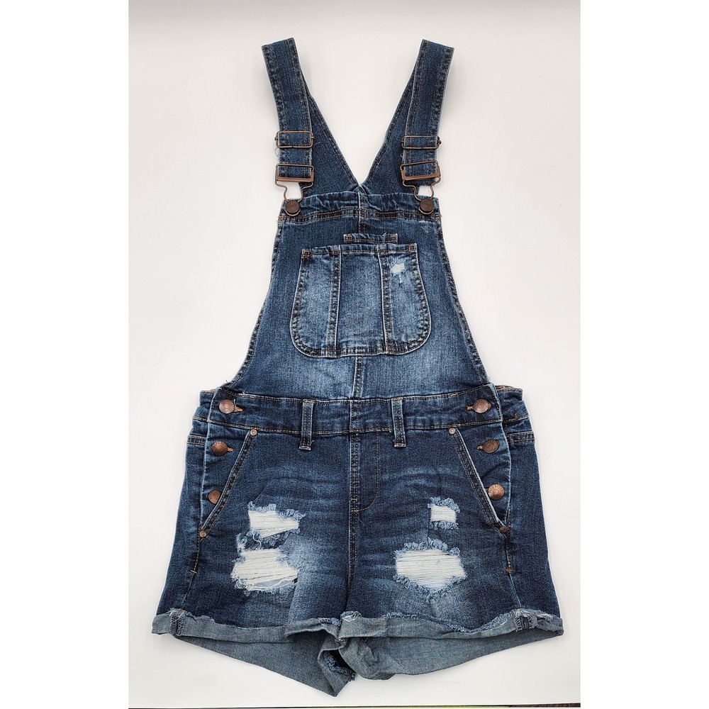 Blue Spice Denim Shortalls Juniors 3 Blue Excellent Distressed Raw Hem Overalls